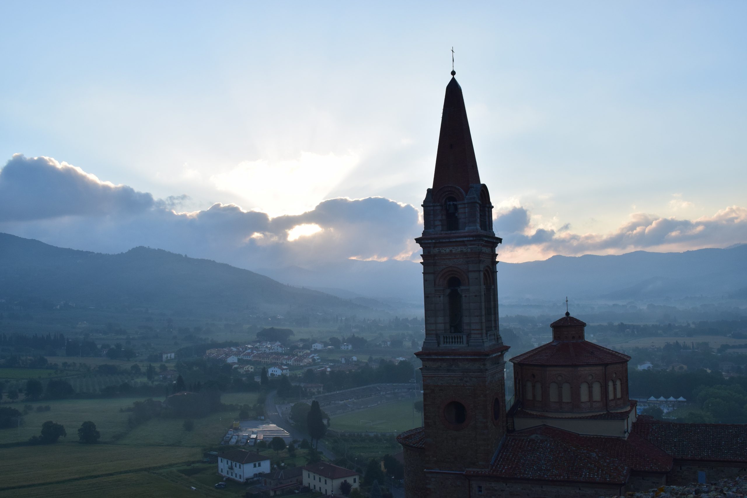 Bell tower in morning mist